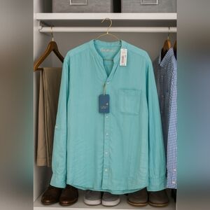 Casual 2XL Linen Men Relaxed Aqua Minimalist Cruise Roll Tab Shirt